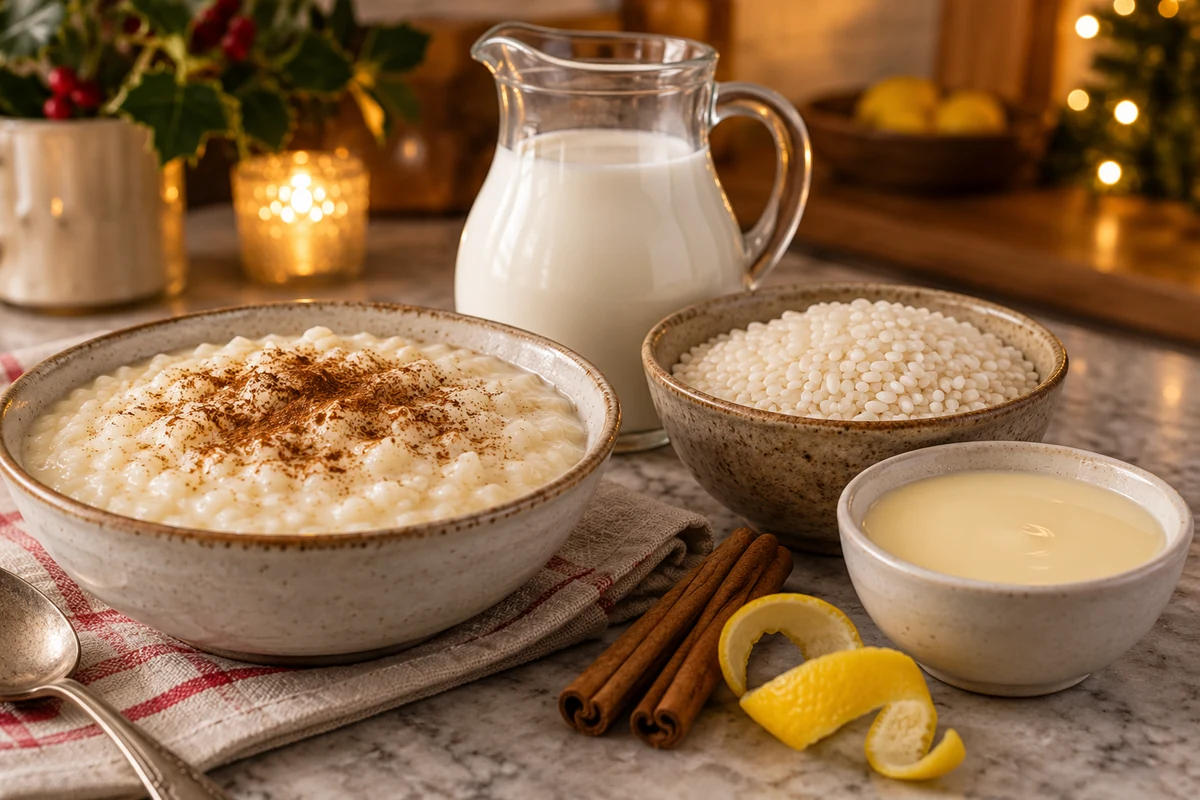 Riz, lait, lait concentré et cannelle autour d’un bol de riz au lait