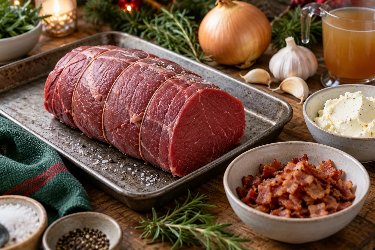 Pièce de bœuf crue avec bacon, fromage frais, oignon, ail et bouillon
