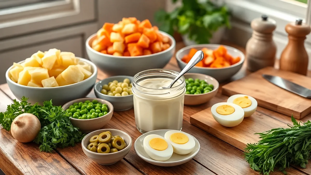 Pommes de terre, carottes, petits pois, œufs durs écalés, olives et mayonnaise sur un plan de travail