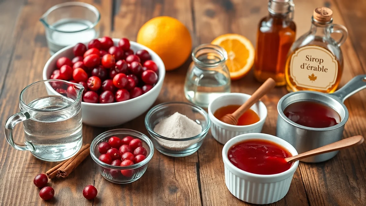 Cranberries, orange, sucre, cannelle, miel et sirop d’érable pour différentes variantes de sauce