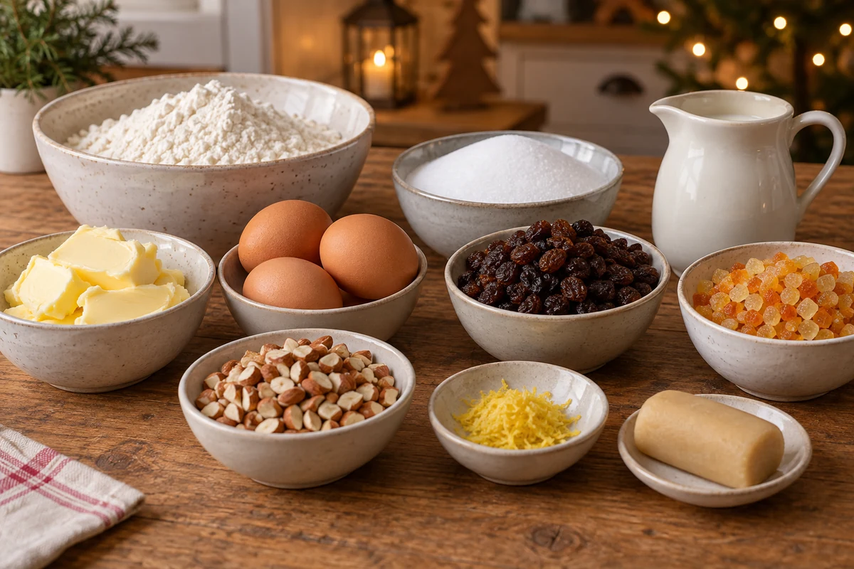 Farine, beurre, œufs, raisins, fruits confits et amandes pour le stollen