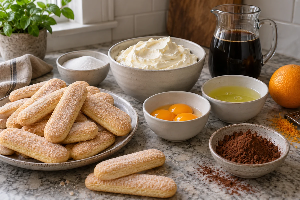 Mascarpone, œufs séparés, café, biscuits savoiardi, cacao et orange pour un tiramisu Mascarpone, œufs séparés, café, biscuits savoiardi, cacao et orange pour un tiramisu