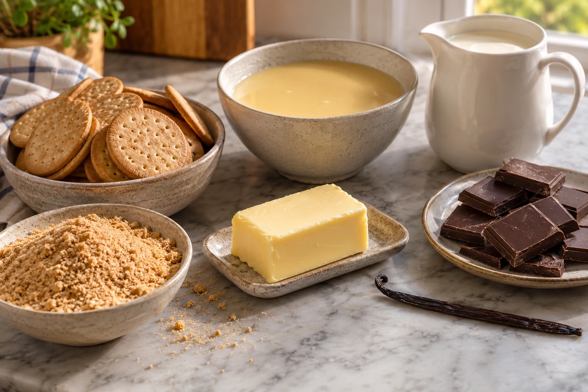 Biscuits entiers et émiettés, beurre, lait concentré, crème, chocolat et vanille Biscuits entiers et émiettés, beurre, lait concentré, crème, chocolat et vanille