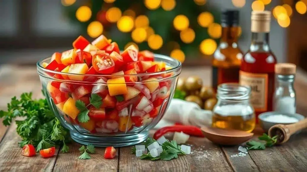 Saladier de tomates, de poivrons et d’oignon, entouré d’herbes et d’assaisonnements