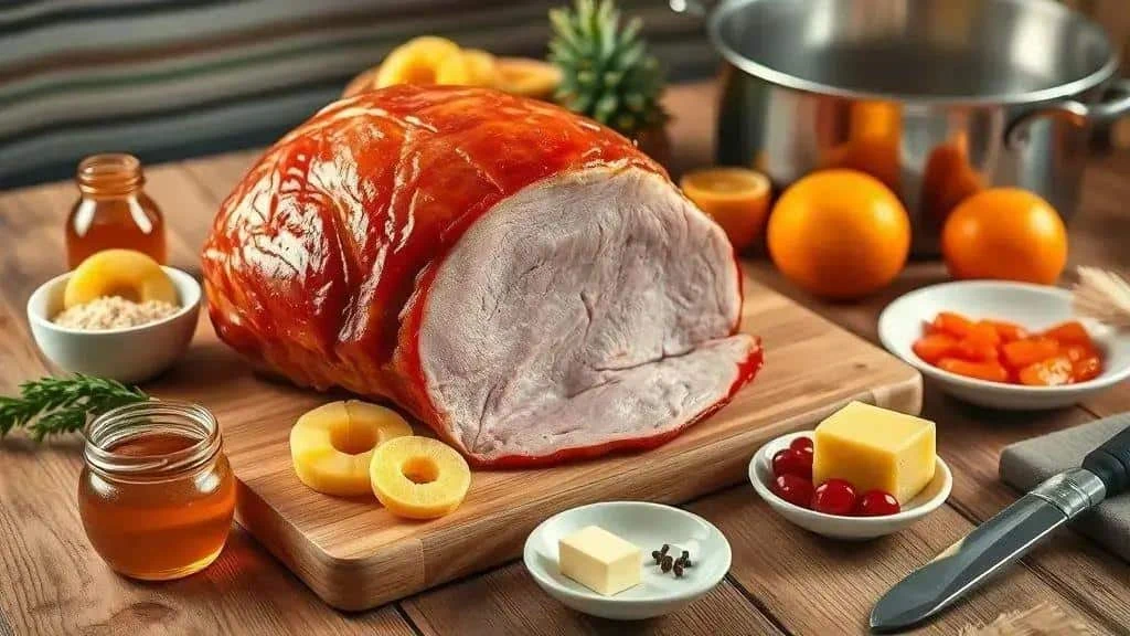 Pièce de jambon, ananas, oranges, miel et ingrédients du glaçage