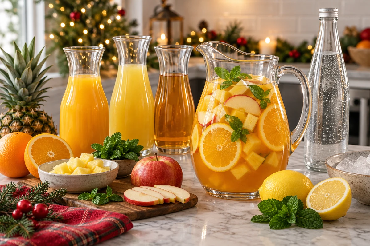 Jus de fruits, ananas, agrumes, pomme et eau pétillante pour un punch de Noël