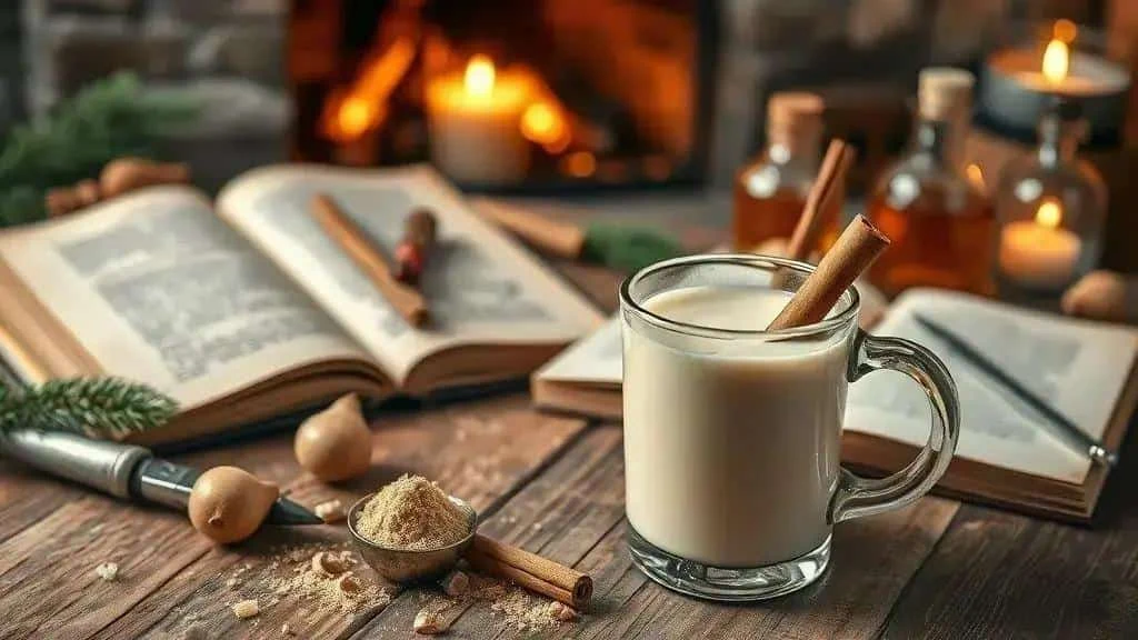 Tasse de lait de poule et livre ouvert dans une mise en scène évoquant les fêtes d’autrefois Tasse de lait de poule et livre ouvert dans une mise en scène évoquant les fêtes d’autrefois