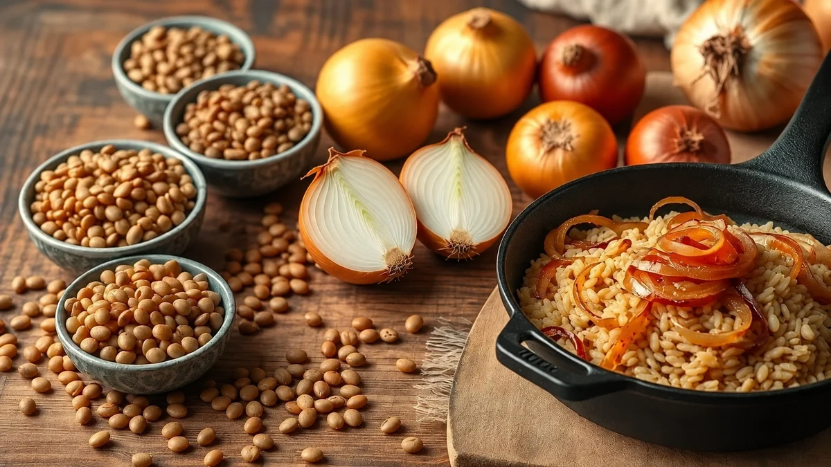Lentilles sèches, oignons entiers et coupés, et riz garni d’oignons dans une poêle