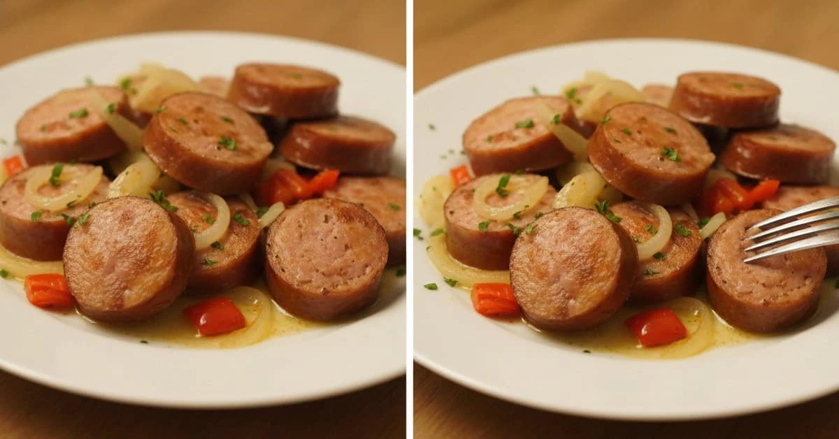 Deux vues de rondelles de saucisse rôtie accompagnées d’oignons et de poivrons