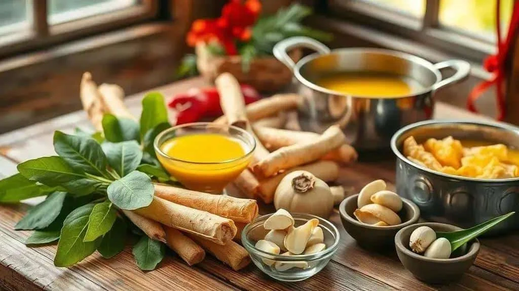 Racines de manioc, feuilles vertes, ail et bouillon jaune dans une cuisine décorée pour Noël.