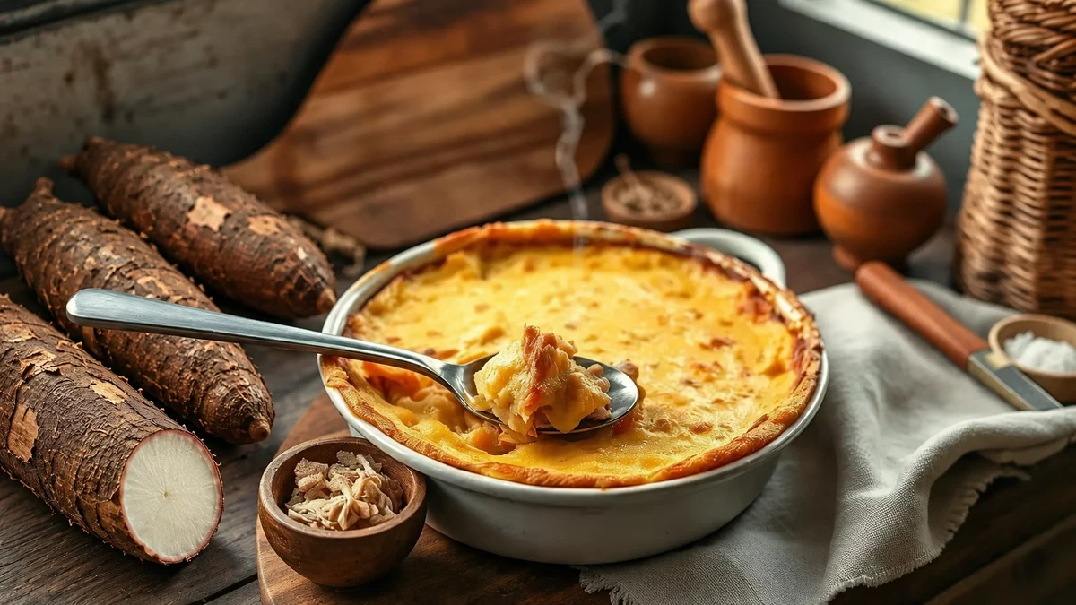 Racines de manioc à chair blanche à côté d’un escondidinho gratiné.