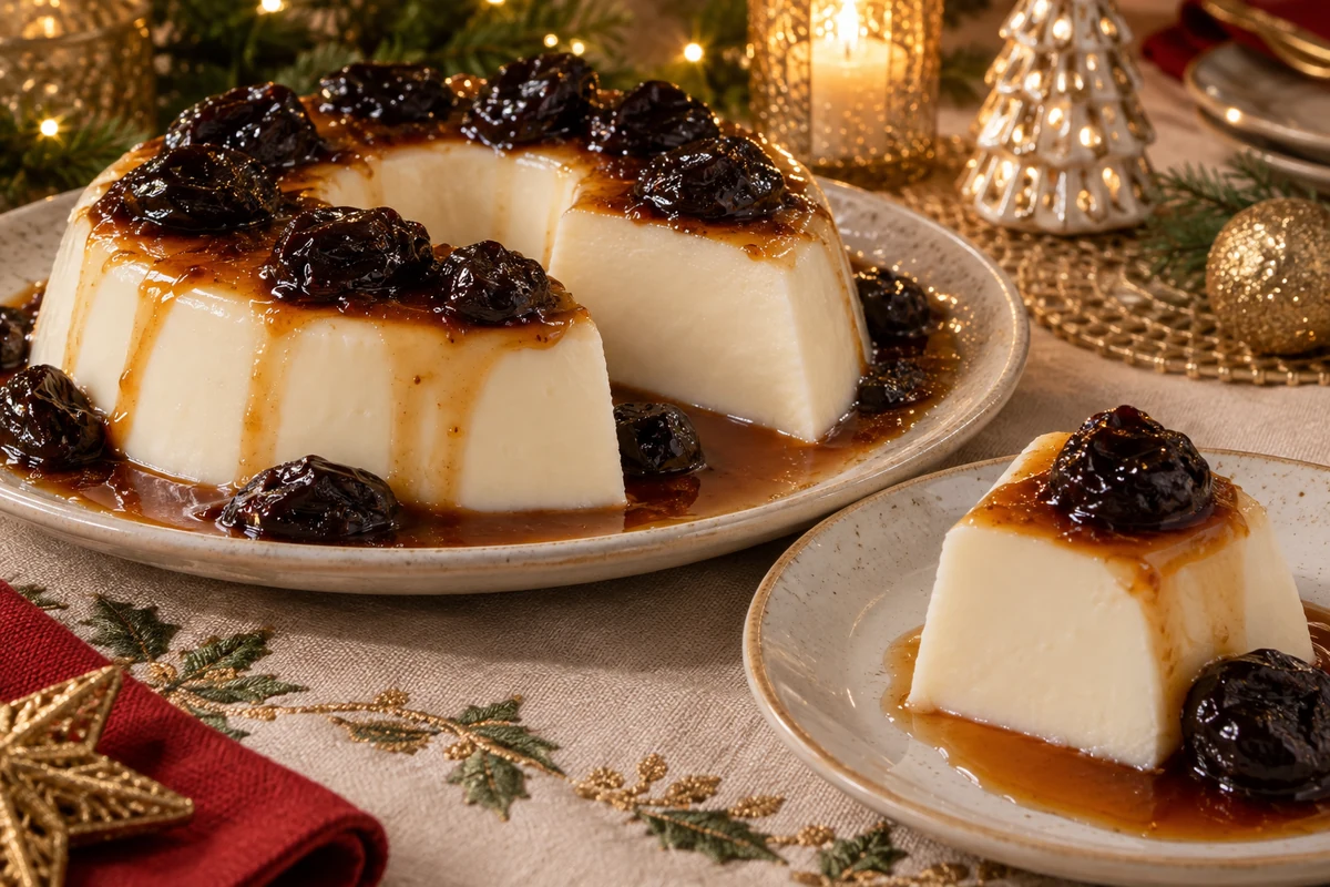 Manjar branco en couronne avec pruneaux au sirop et part découpée sur une table de Noël