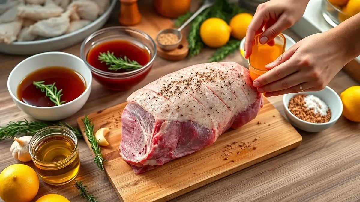 Pièce d’agneau légèrement quadrillée en surface, entourée de marinades, d’herbes, d’ail et de jus d’orange. Pièce d’agneau légèrement quadrillée en surface, entourée de marinades, d’herbes, d’ail et de jus d’orange.