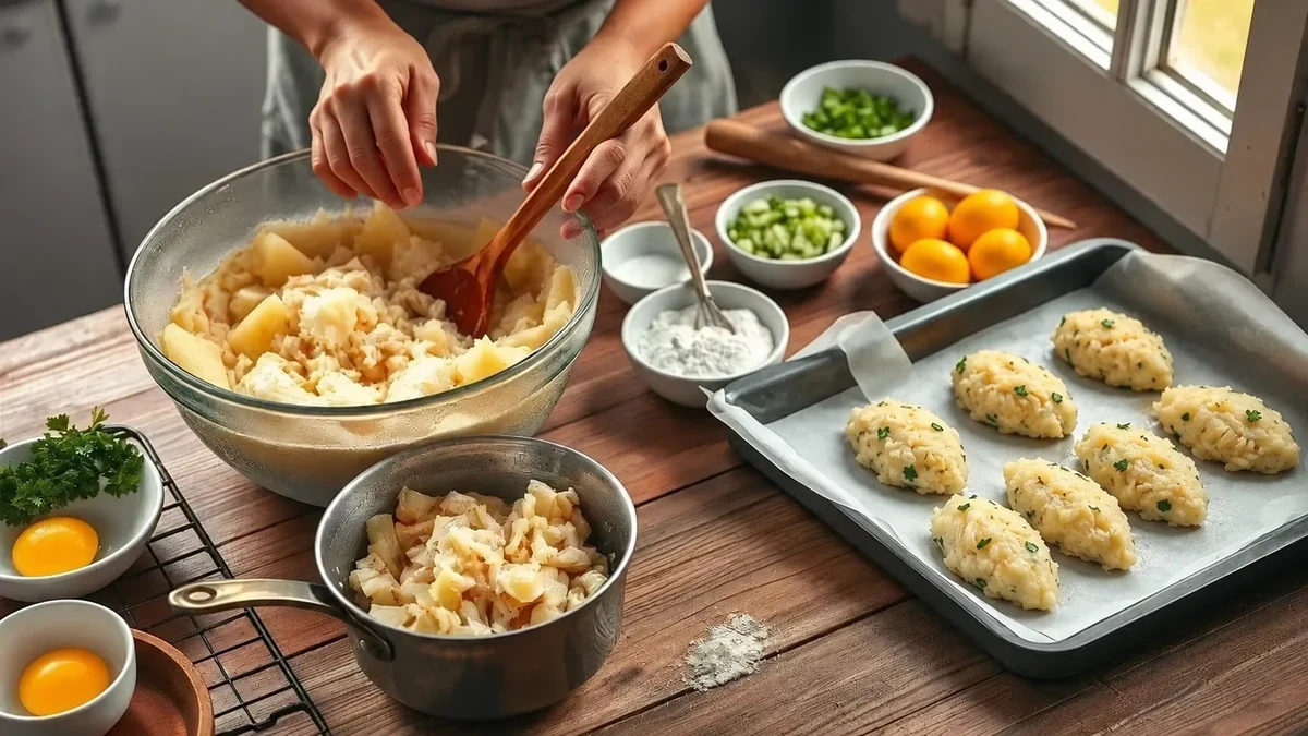 Mélange de morue et de pommes de terre, avec des quenelles crues façonnées sur un plateau Mélange de morue et de pommes de terre, avec des quenelles crues façonnées sur un plateau