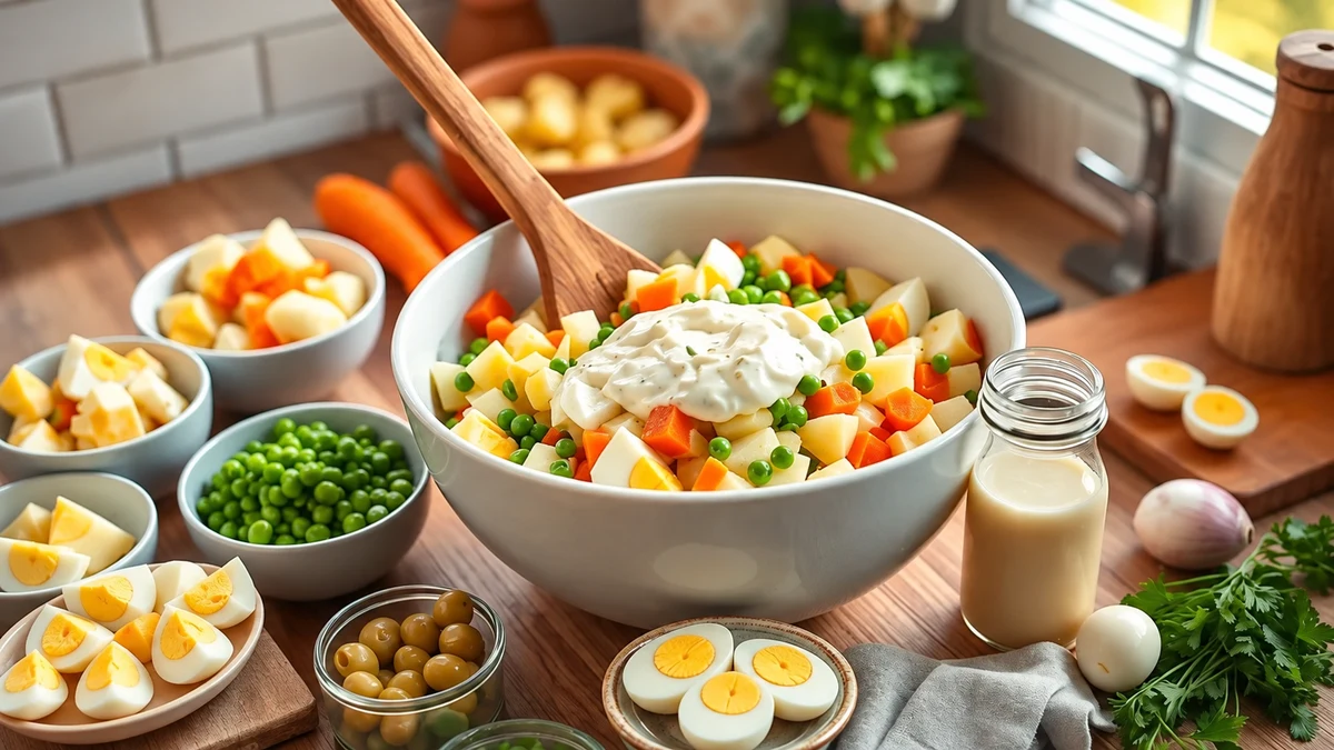 Saladier de pommes de terre, carottes et petits pois avec de la mayonnaise et des œufs durs autour