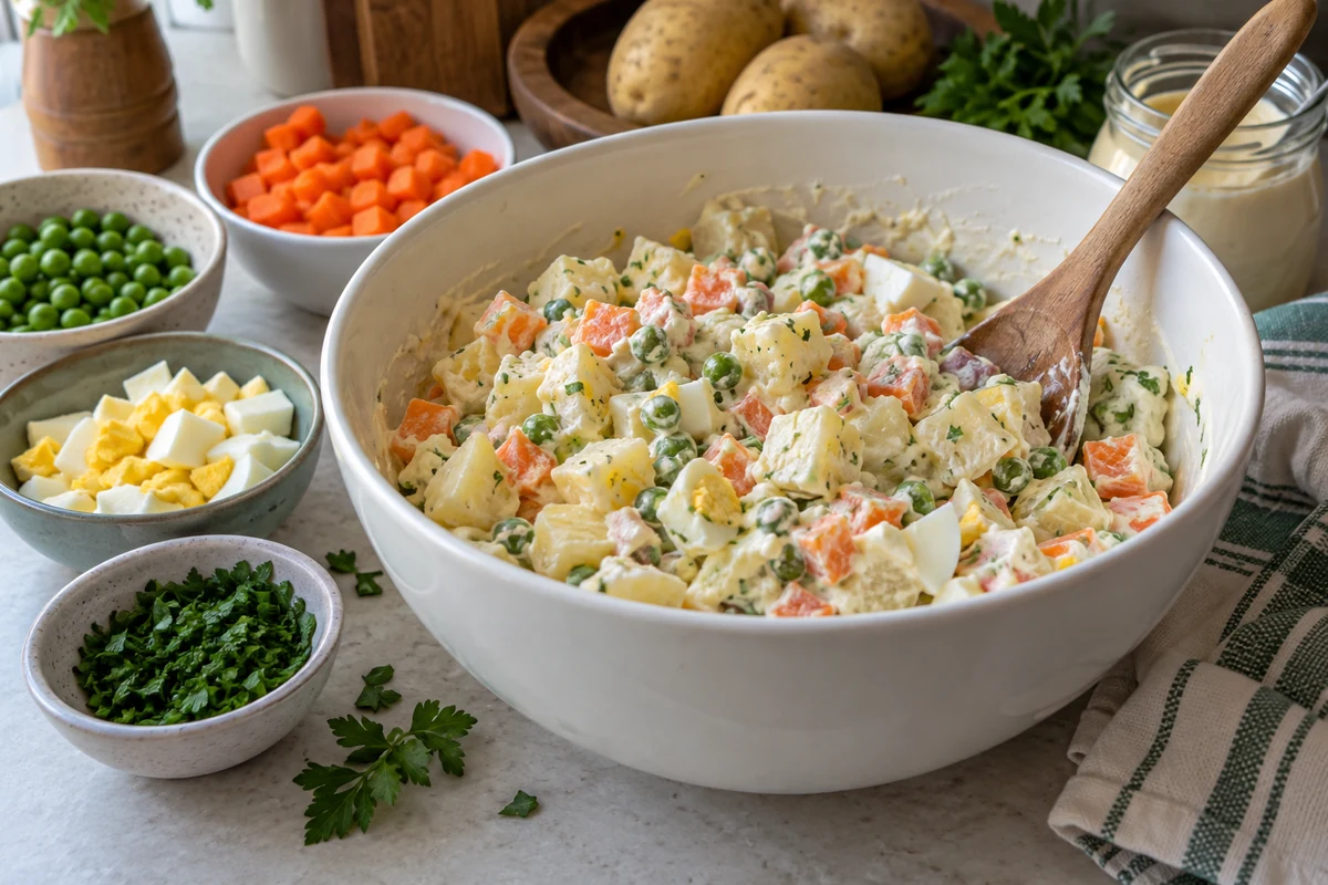 Salade de pommes de terre, carottes, petits pois et œufs mélangée dans un saladier avec une cuillère en bois.