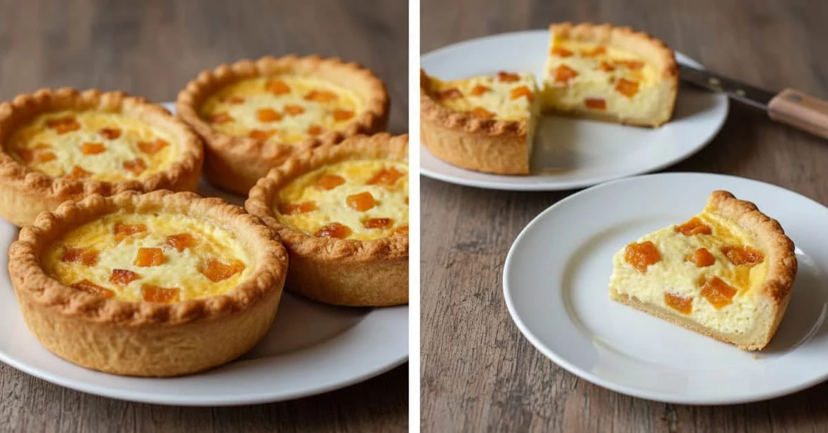 Quiches au fromage et aux abricots, entières et en parts, dans une pâte dorée.