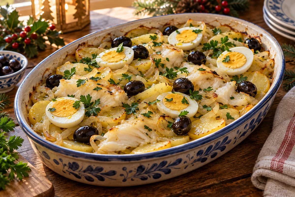 Morue aux pommes de terre et aux oignons, garnie d’œufs durs, d’olives noires et de persil