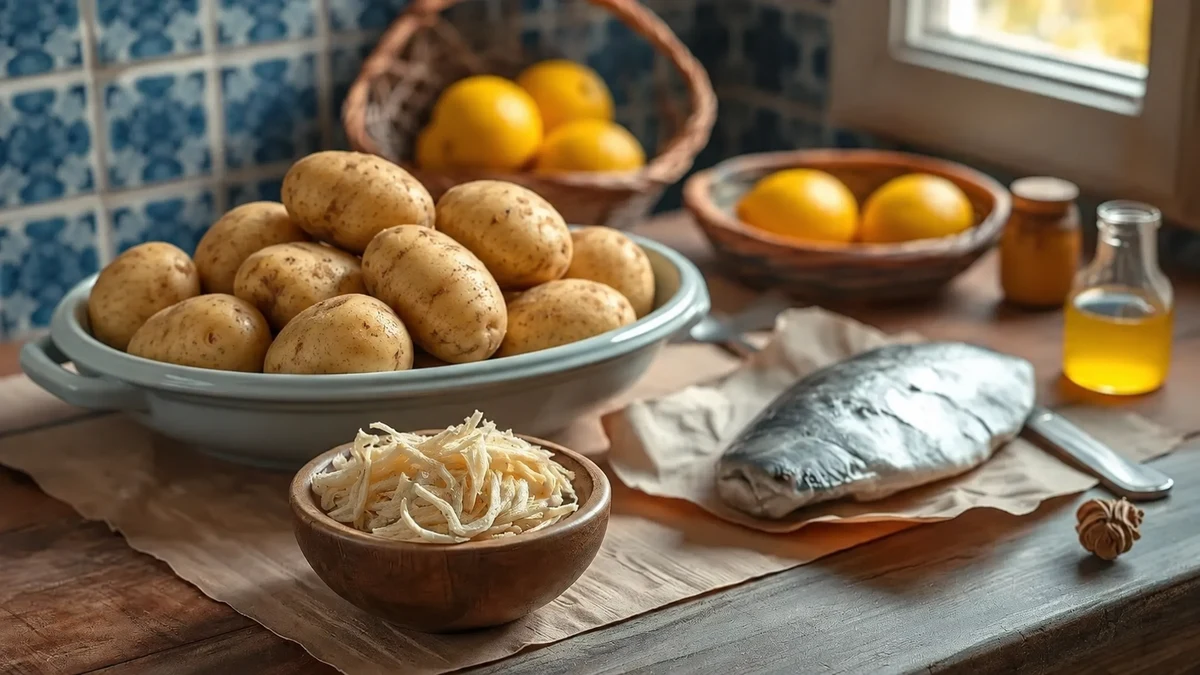 Morue salée, poisson effiloché et pommes de terre crues dans une cuisine aux carreaux bleus Morue salée, poisson effiloché et pommes de terre crues dans une cuisine aux carreaux bleus