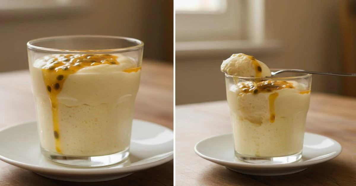 Deux vues d’une mousse brésilienne au fruit de la passion en verrine, avec crème et pulpe