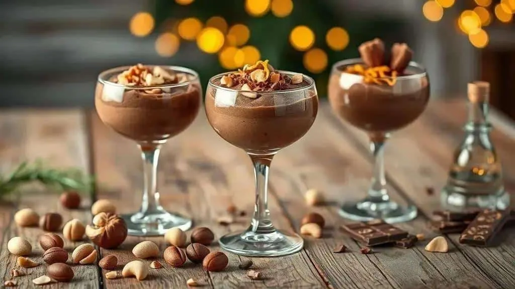 Trois coupes de mousse au chocolat avec des garnitures de fruits à coque, de zeste d’orange et de chocolat.