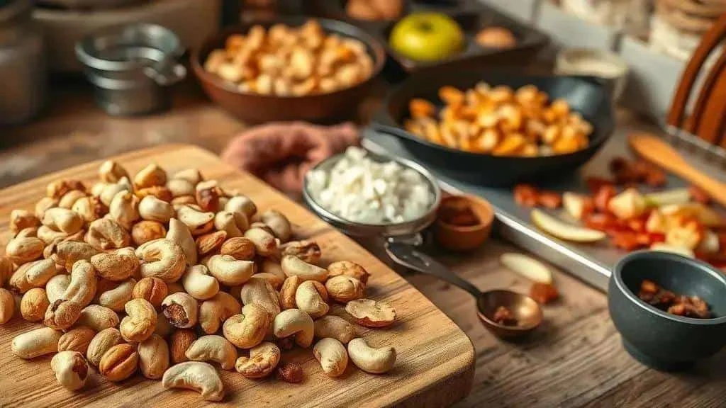 Noix de cajou et autres fruits à coque sur une planche, près des ingrédients de la farofa Noix de cajou et autres fruits à coque sur une planche, près des ingrédients de la farofa