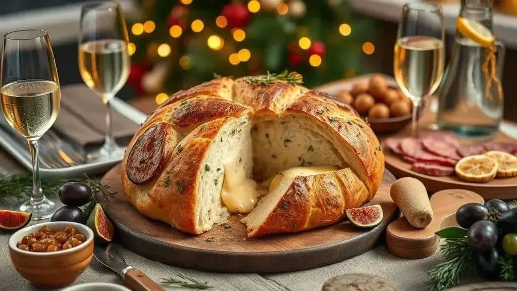 Pain garni de fromage servi sur une planche à une table de Noël Pain garni de fromage servi sur une planche à une table de Noël