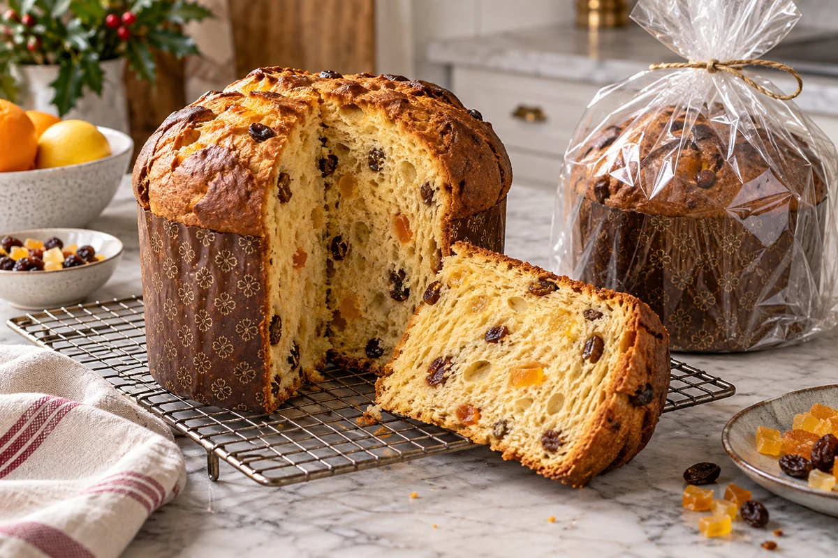 Panettone tranché sur une grille, à côté d’un panettone emballé ; attendre le refroidissement complet avant de fermer le sachet.