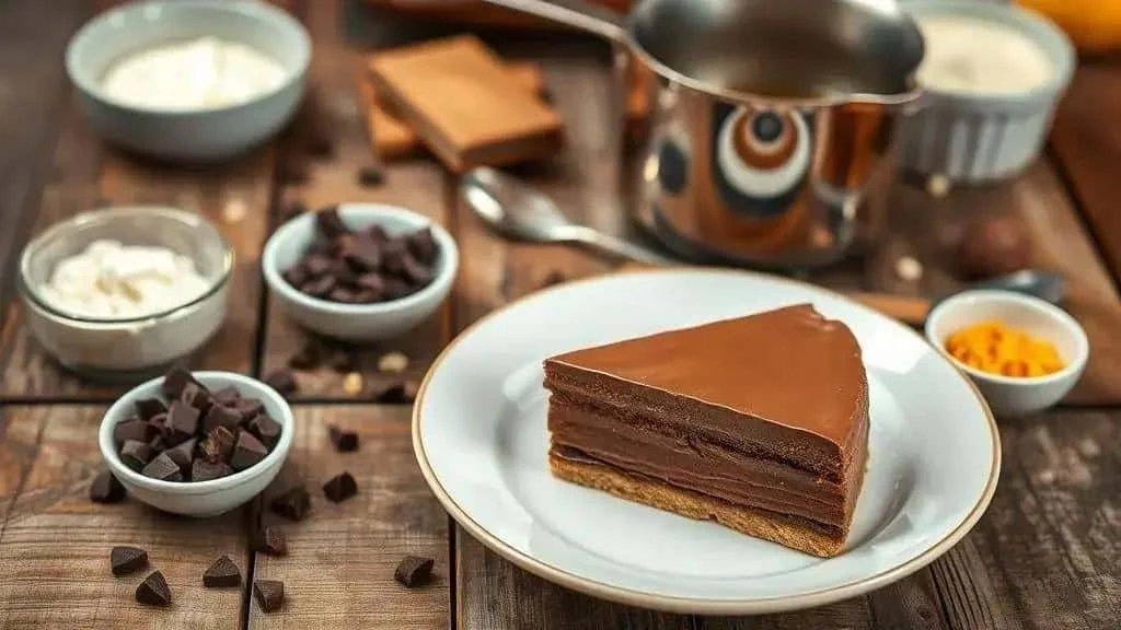 Part de dessert au chocolat et aux biscuits, entourée de crème, de chocolat et de zestes d’orange ; illustration de texture.