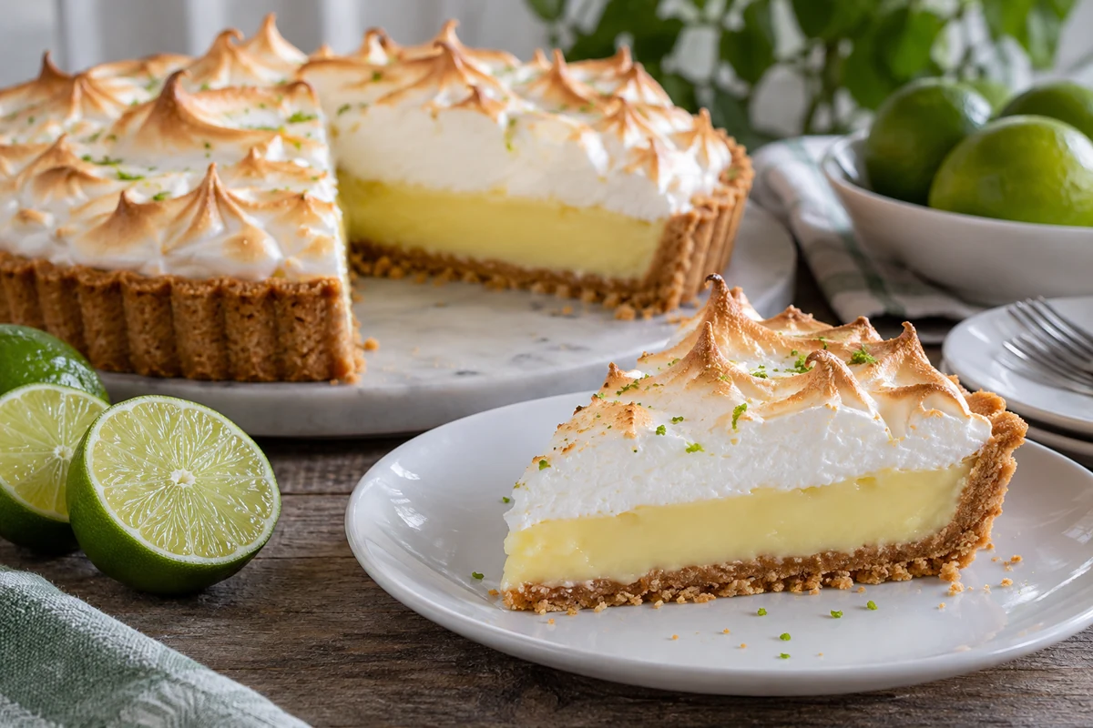 Part de tarte montrant la base biscuitée, la crème au citron et la meringue dorée Part de tarte montrant la base biscuitée, la crème au citron et la meringue dorée