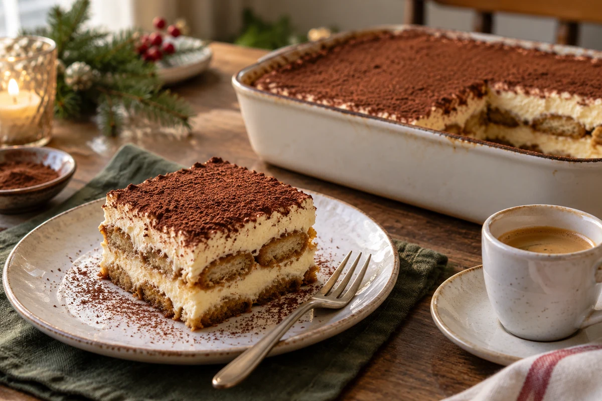 Part de tiramisu saupoudrée de cacao, servie à côté d’une tasse de café Part de tiramisu saupoudrée de cacao, servie à côté d’une tasse de café