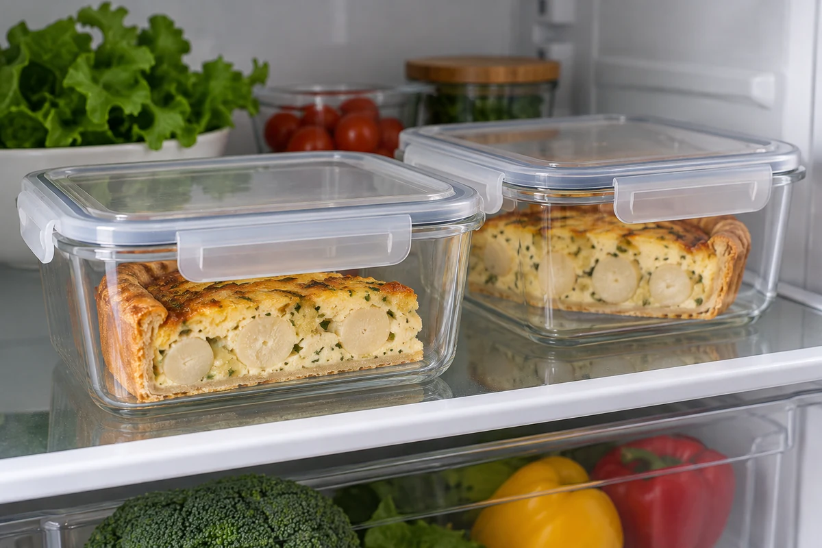 Parts de quiche aux cœurs de palmier dans des boîtes fermées au réfrigérateur