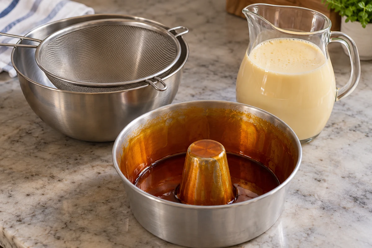 Passoire fine sur un saladier, mélange à flan dans un pichet et moule caramélisé Passoire fine sur un saladier, mélange à flan dans un pichet et moule caramélisé