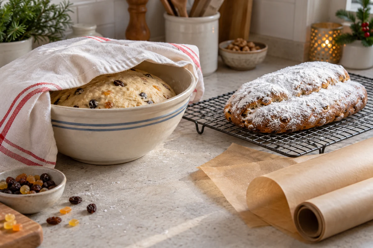 Pâte à stollen au repos et pain cuit refroidissant sur une grille