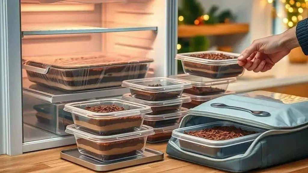 Pavê et portions individuelles dans des contenants couverts près du réfrigérateur et d’un sac isotherme.
