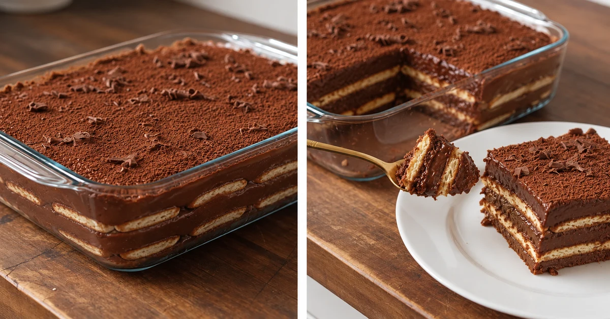 Pavê brésilien en couches de biscuits et de crème au chocolat, présenté dans un plat et en portion sur une assiette.