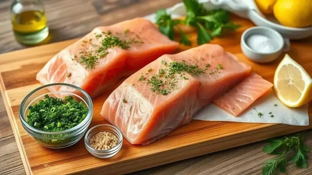 Pavés de saumon cru, herbes hachées, citron et huile disposés sur une planche