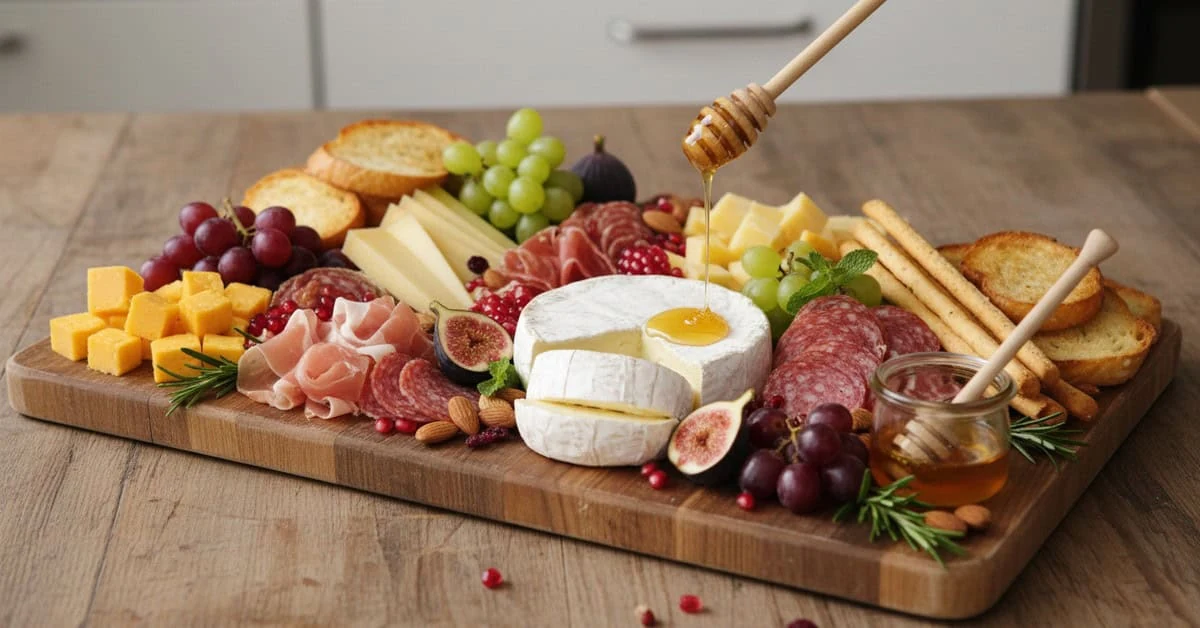Planche de Noël avec fromages, charcuteries, fruits et miel versé sur un fromage crémeux