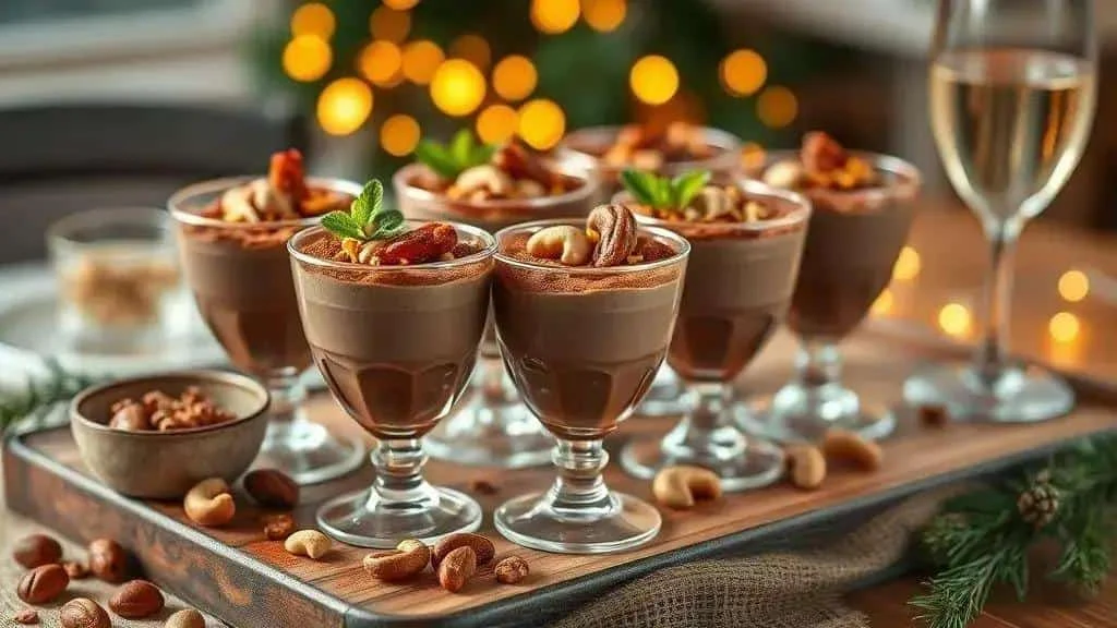 Six verrines de mousse au chocolat présentées sur un plateau avec des fruits à coque et des feuilles de menthe.