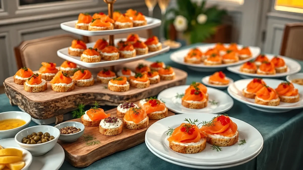 Canapés au saumon fumé sur des tranches de pain, disposés sur des plateaux de fête