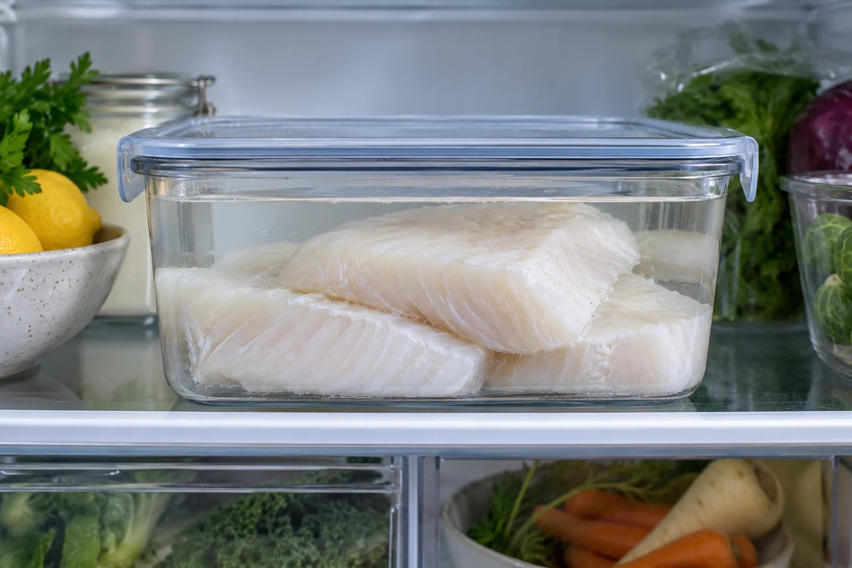 Filets de poisson immergés dans un récipient transparent fermé, sur une étagère de réfrigérateur.