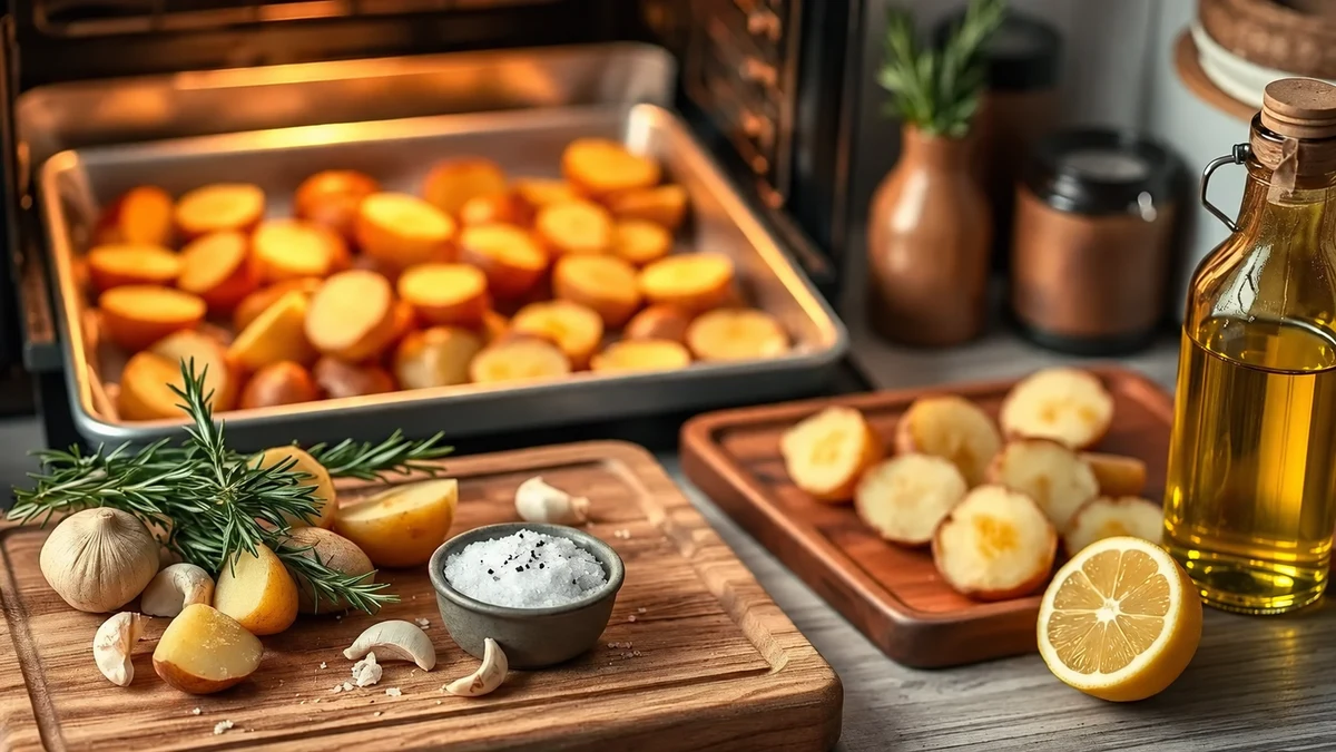 Morceaux de pommes de terre dans un four, avec du romarin, de l’ail, du citron et une bouteille d’huile sans étiquette