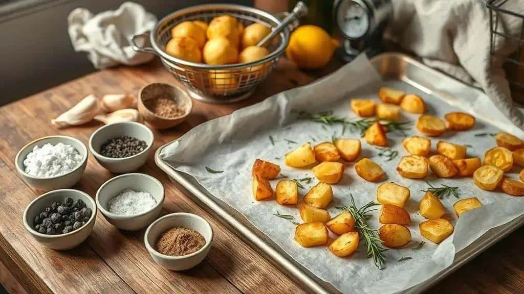 Morceaux de pommes de terre dorés et herbes répartis sur une plaque garnie de papier cuisson