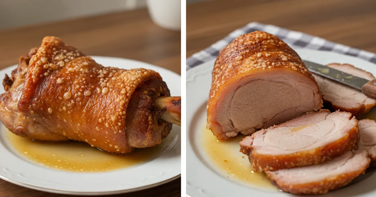 Deux présentations de porc rôti à la couenne dorée, entier et en tranches, avec du jus
