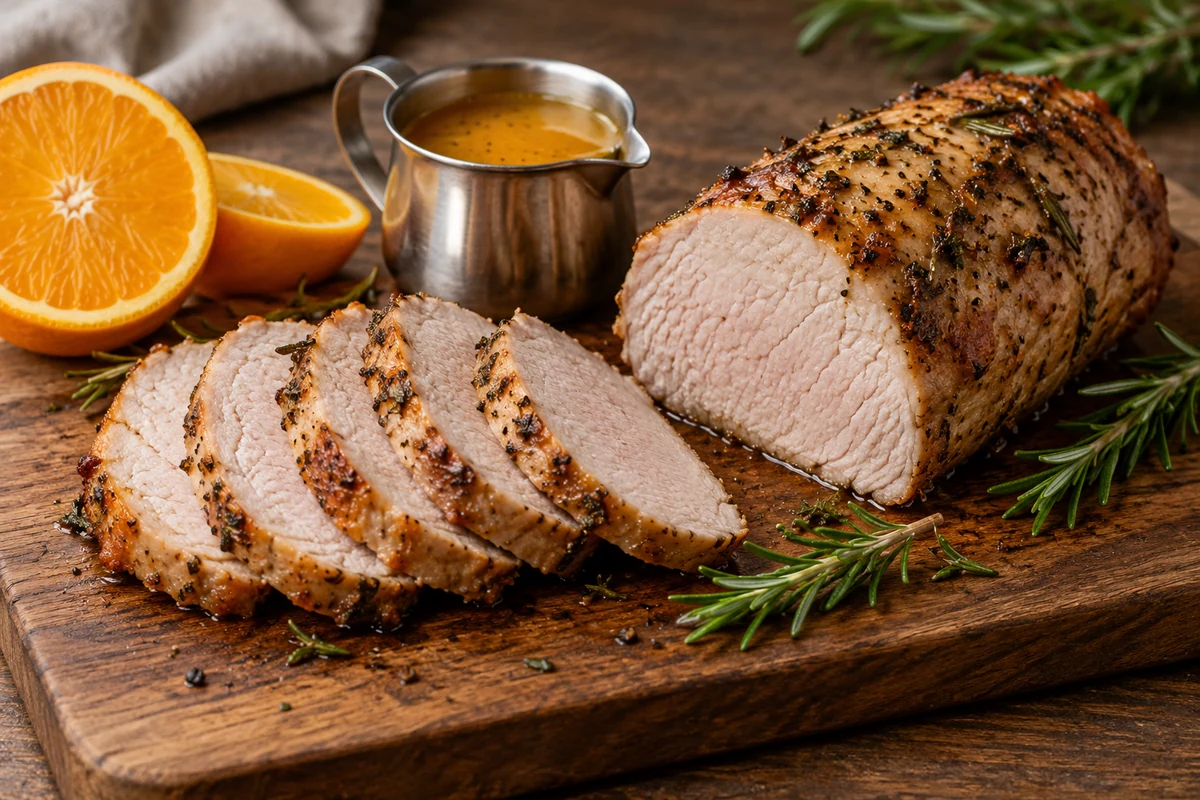 Rôti de porc aux herbes découpé en tranches, avec une saucière et des oranges Rôti de porc aux herbes découpé en tranches, avec une saucière et des oranges