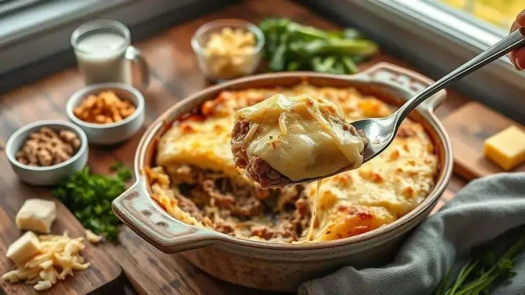 Une cuillerée de purée gratinée et de bœuf prélevée dans le plat.