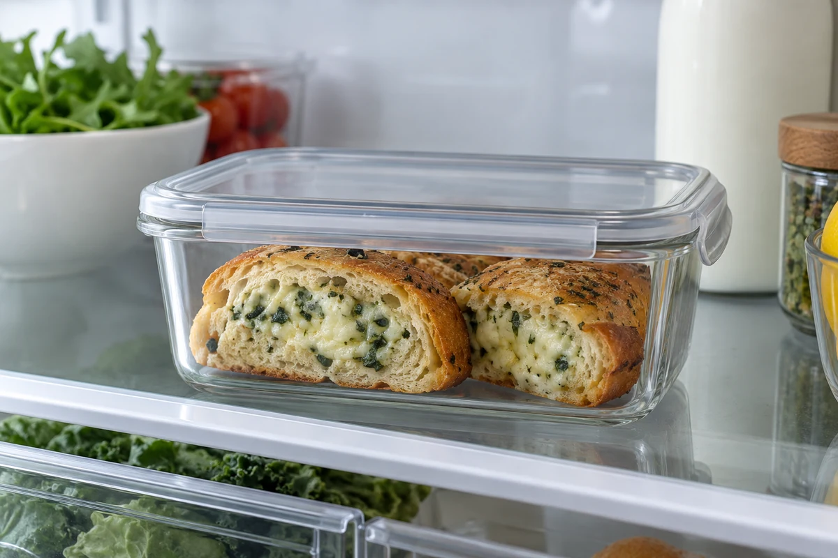 Portions de pain au fromage dans une boîte fermée au réfrigérateur Portions de pain au fromage dans une boîte fermée au réfrigérateur