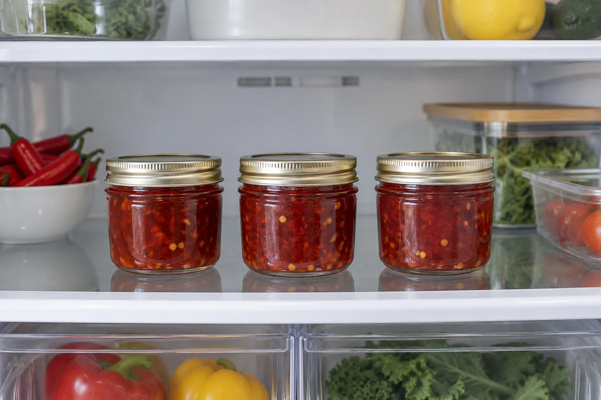Trois pots fermés de confiture de piment rangés au réfrigérateur Trois pots fermés de confiture de piment rangés au réfrigérateur