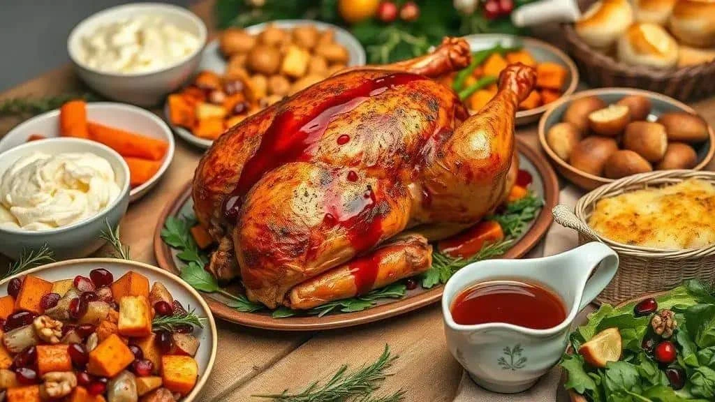 Poulet rôti nappé de sauce, entouré de purées, de légumes et d’une salade