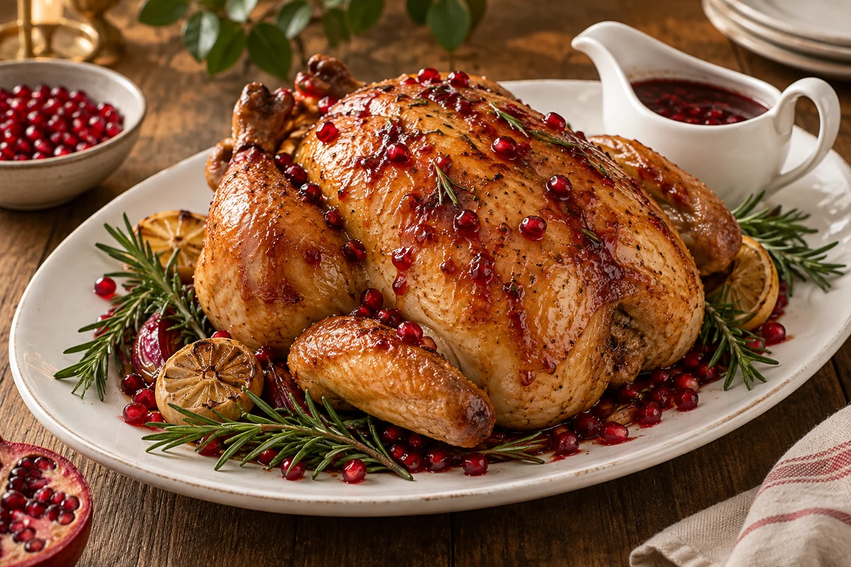 Poulet rôti garni de grains de grenade, avec des herbes et une saucière